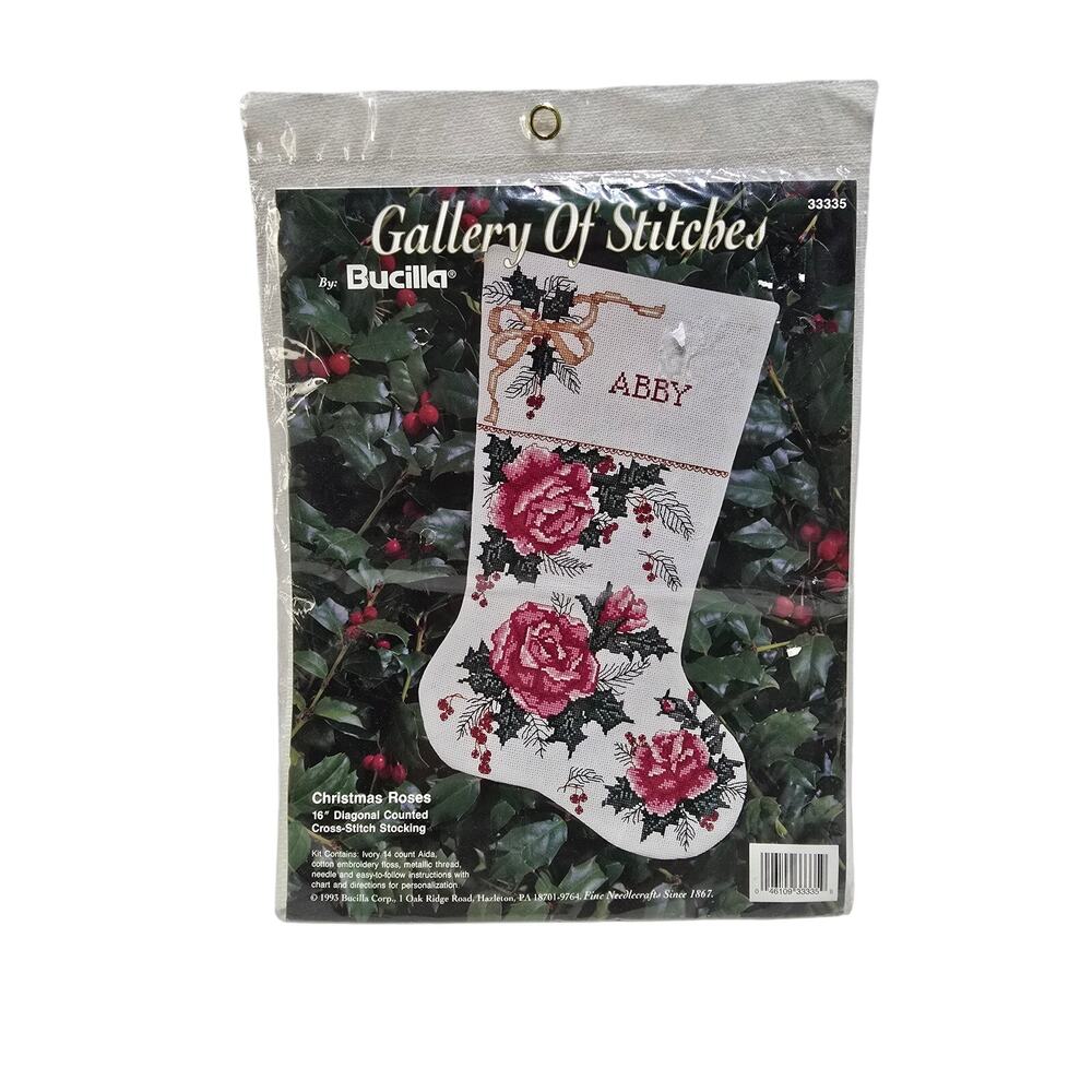 Vtg Bucilla Christmas Roses 16" Diagonal Counted-Cross Stocking Kit 33335‎